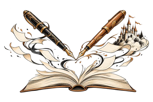 Deux stylos se défient au-dessus d’un livre dont les pages font naître un château imaginaire.